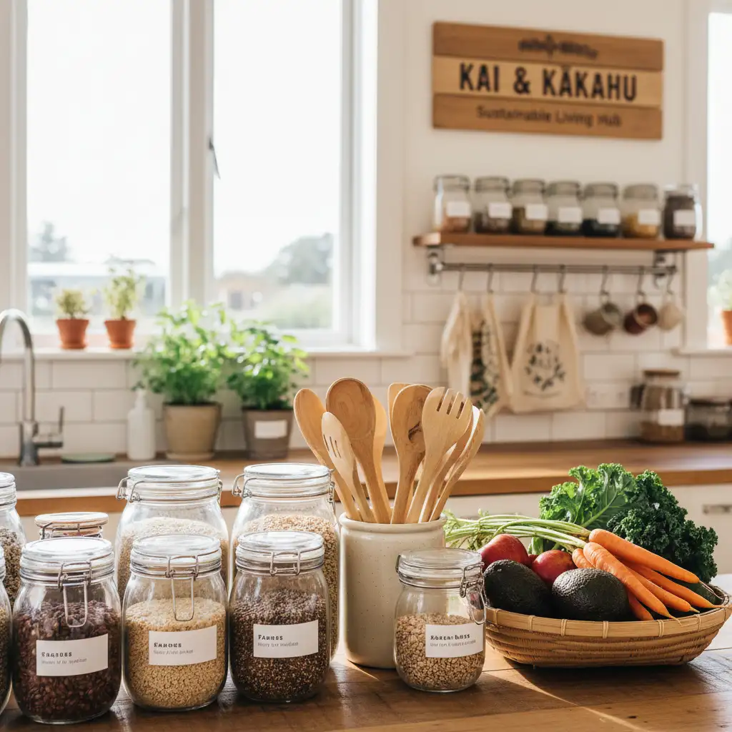 Zero-waste kitchen with glass jars and bamboo utensils in a New Zealand home