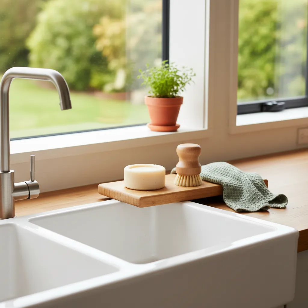 Sustainable kitchen cleaning products including solid dish soap and bamboo brush