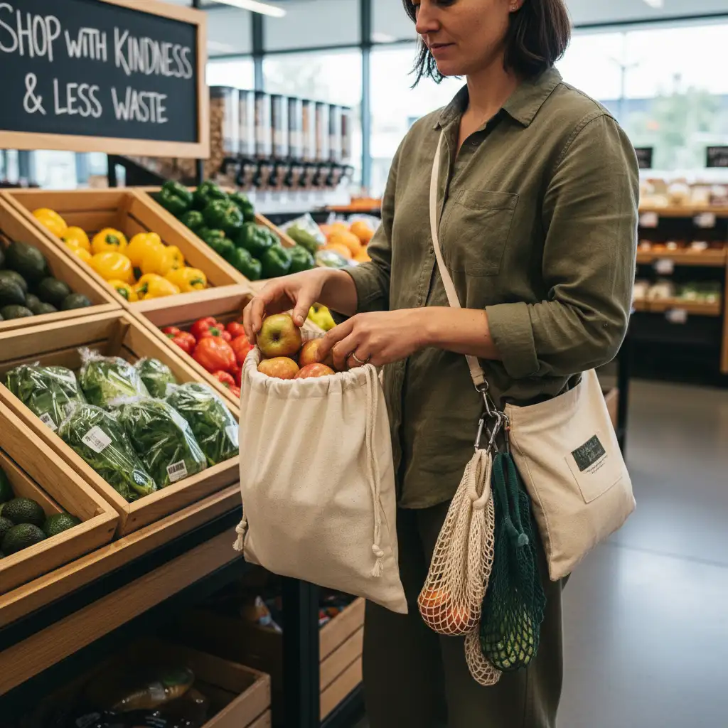 Shopping sustainably at a New Zealand supermarket with reusable bags