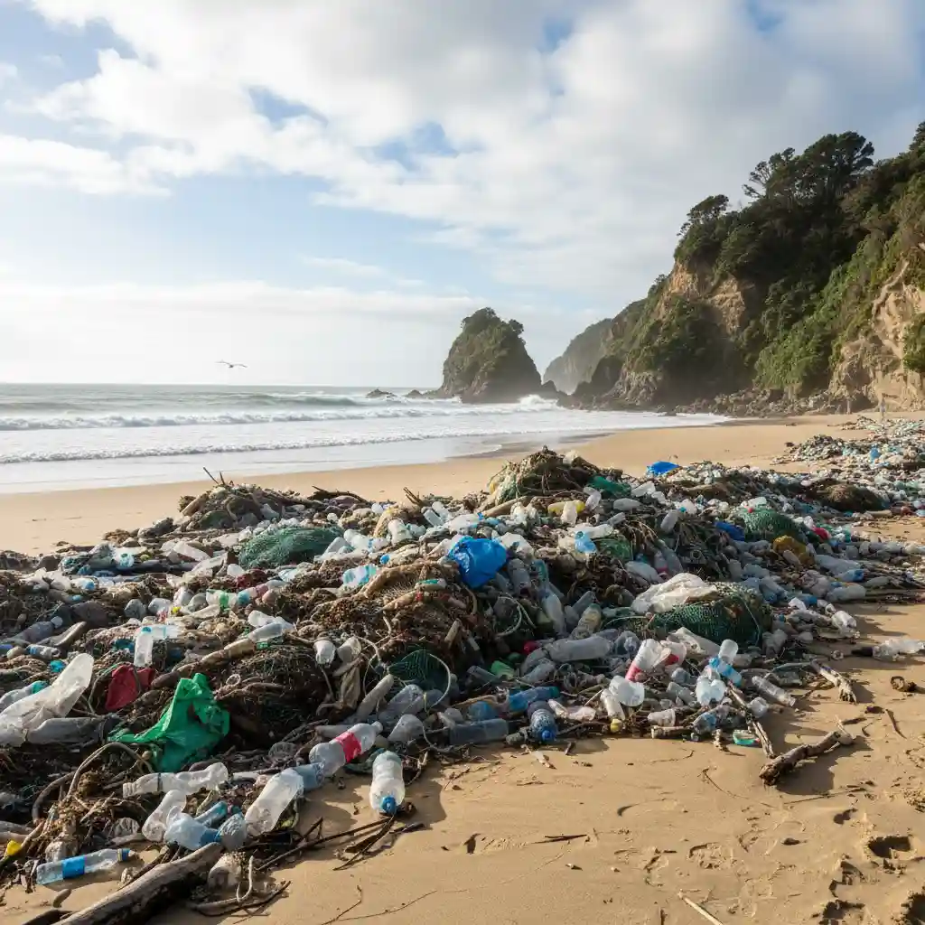 Plastic waste on a beautiful New Zealand beach, highlighting the impact of single-use plastics on NZ seas