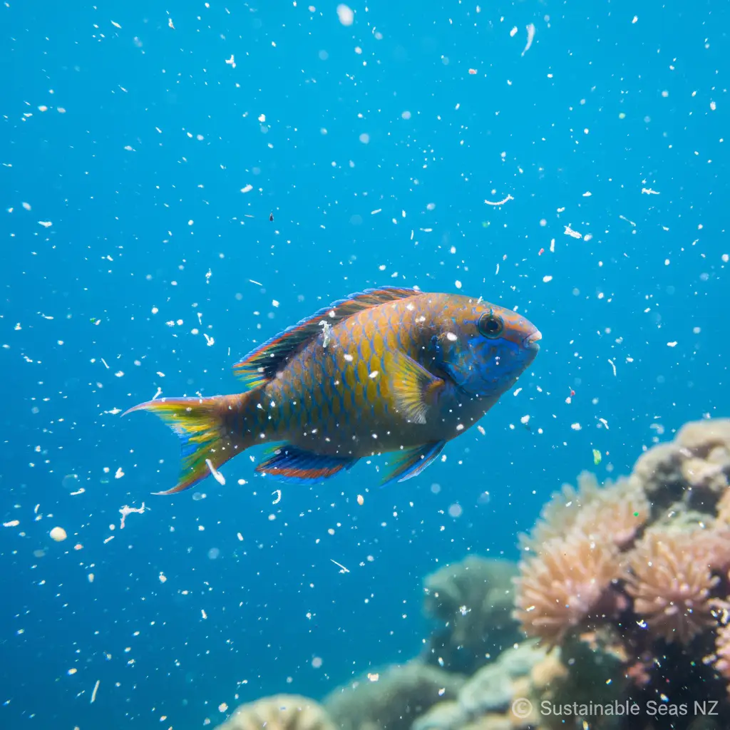 Fish swimming in water with microplastic particles, illustrating the hidden danger