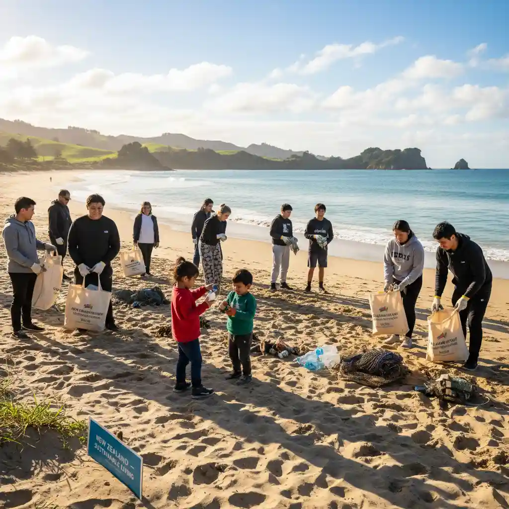 Volunteers participating in a beach cleanup in New Zealand, actively tackling single-use plastics