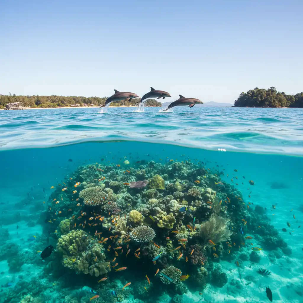 Pristine New Zealand ocean with dolphins, symbolizing a plastic-free future
