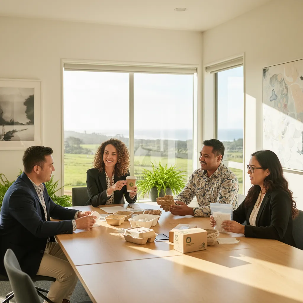 NZ business owners discussing sustainable packaging