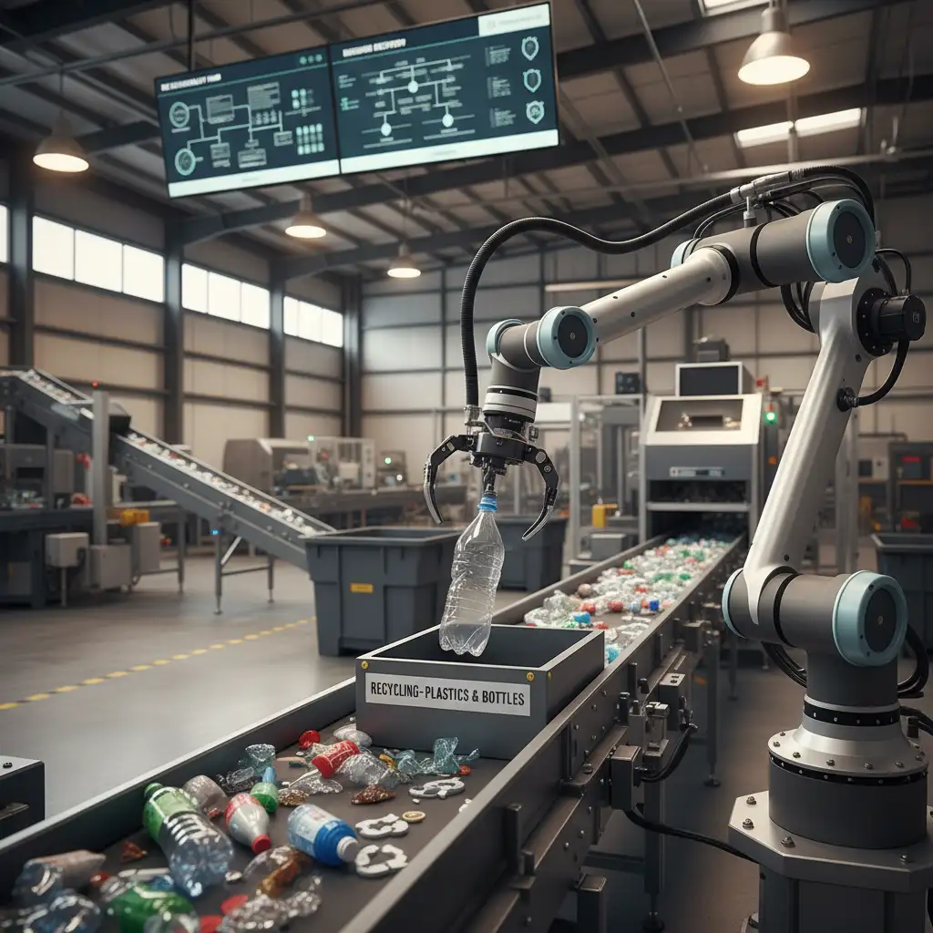 Robotic arm sorting plastic bottles in a recycling plant