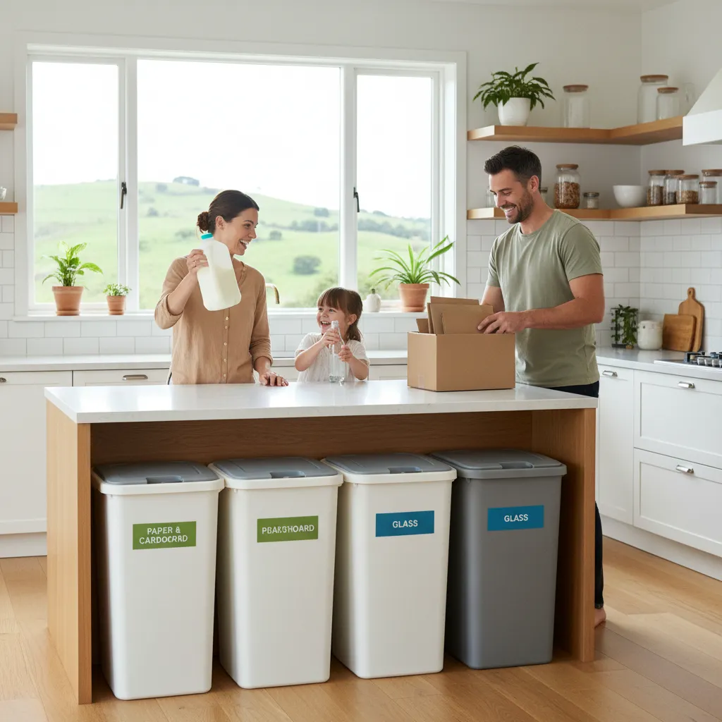 New Zealand family sorting recyclables at home