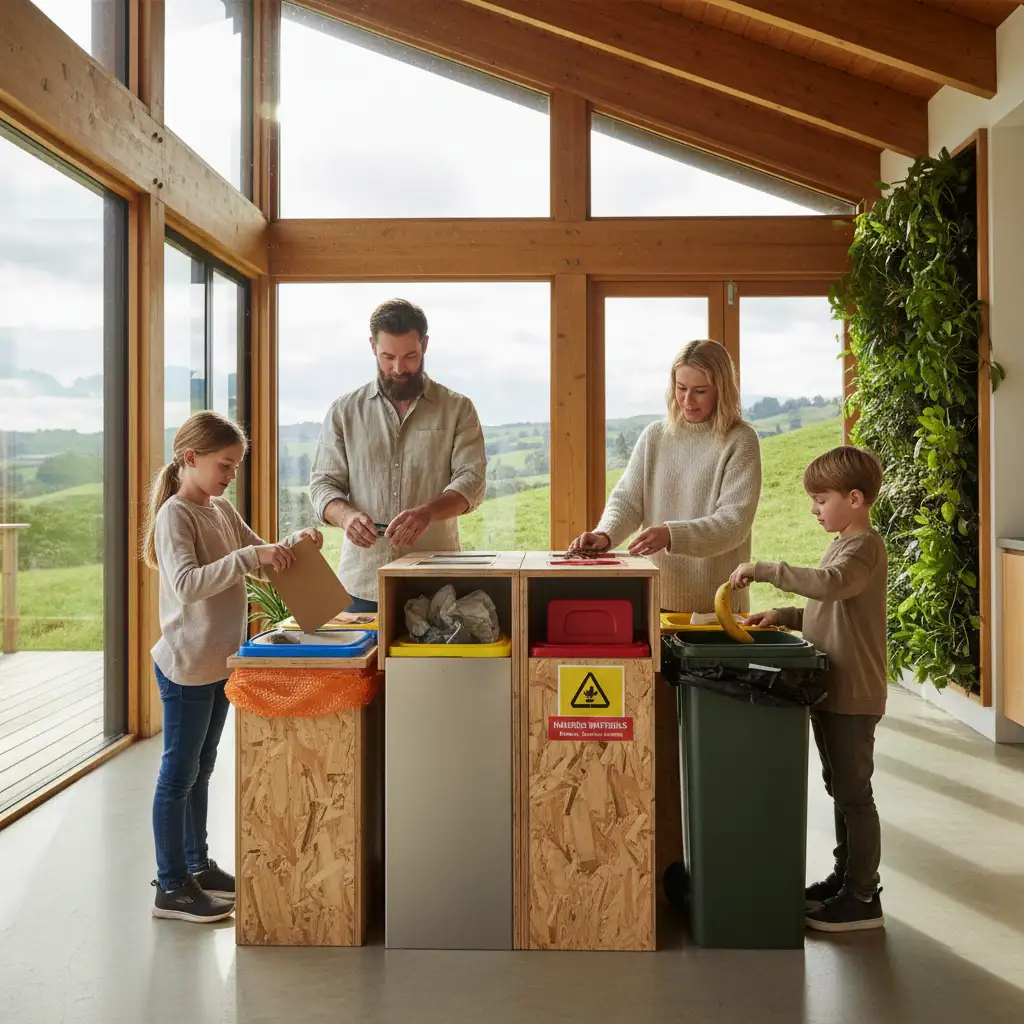 Family sorting hazardous waste responsibly in their NZ home