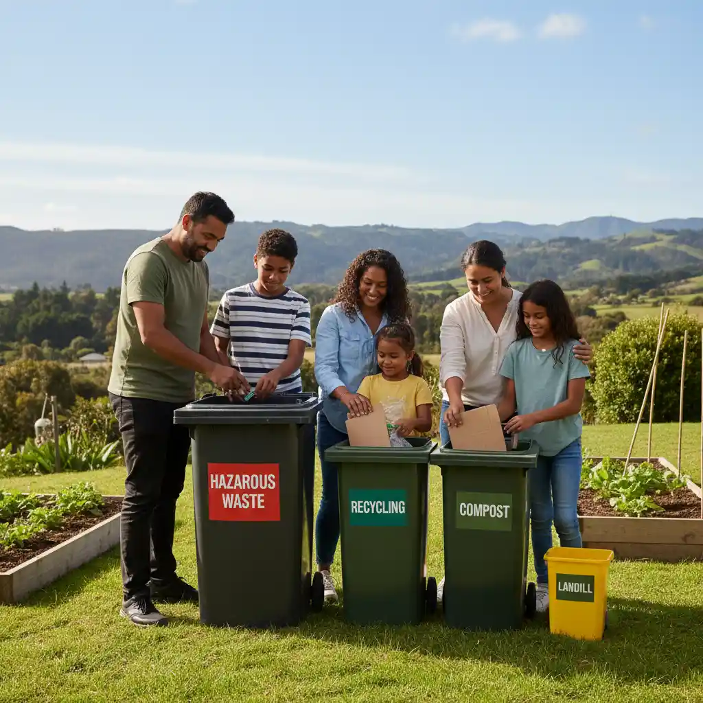 A New Zealand family properly sorting household waste, including hazardous items, for sustainable disposal