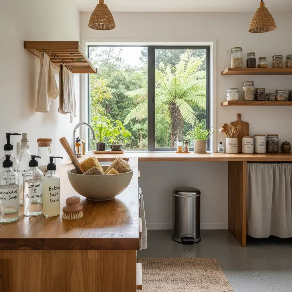A sustainable New Zealand home featuring eco-friendly, homemade cleaning products to prevent hazardous waste