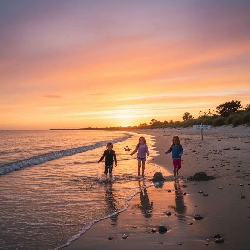 Clean New Zealand beach at sunset, representing a healthy environment from proper hazardous waste management