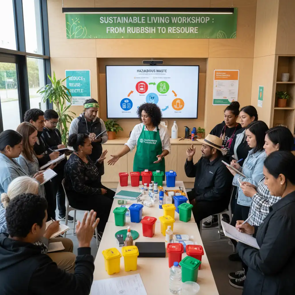 Community members learning about hazardous waste disposal