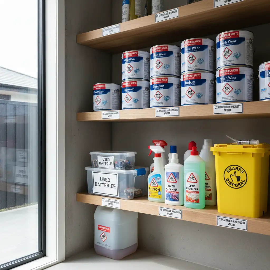 Assorted household hazardous waste items awaiting disposal in New Zealand