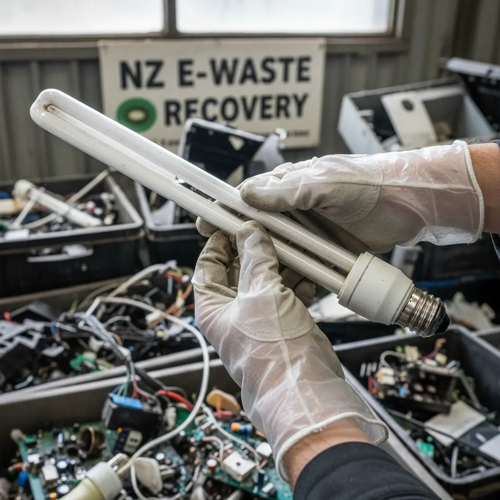 Safe handling of a fluorescent light bulb, an example of hazardous e-waste