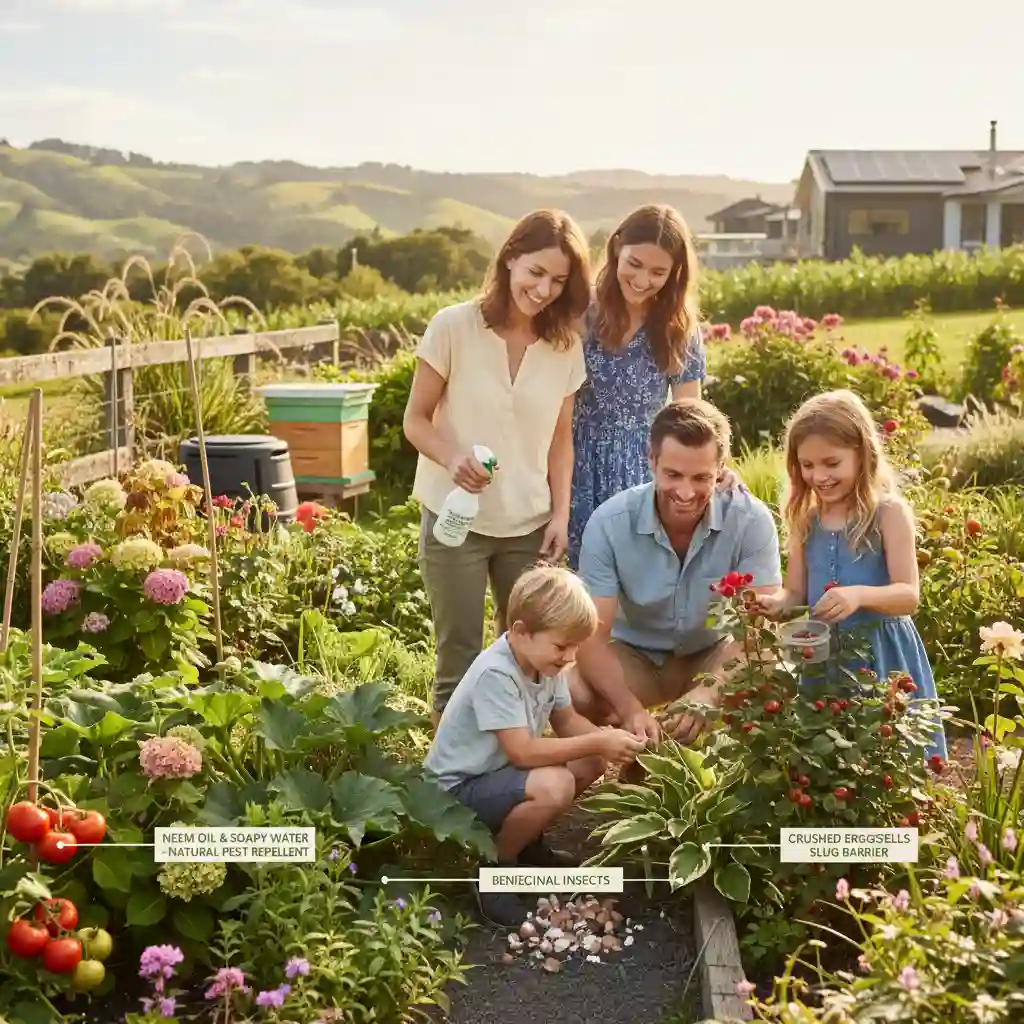 Family practicing sustainable gardening with eco-friendly products