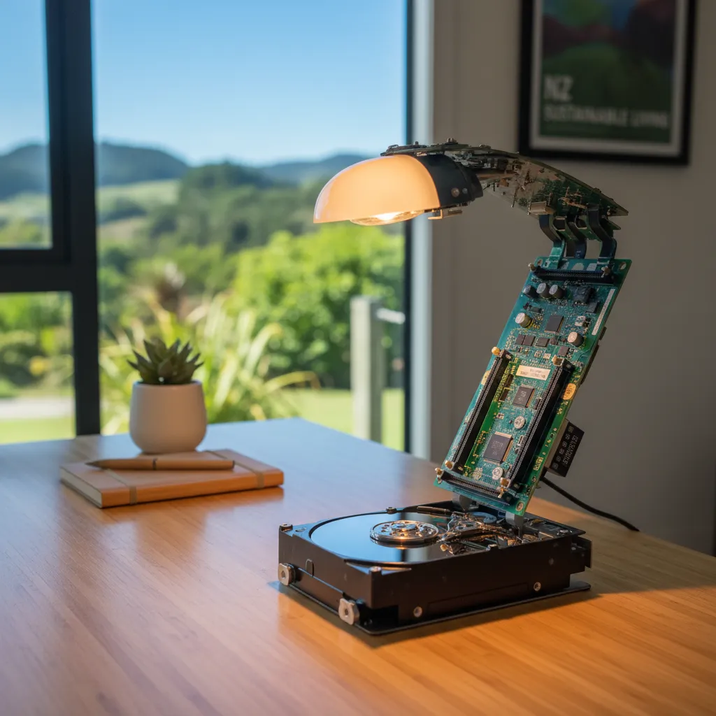 Upcycled computer parts transformed into a modern desk lamp