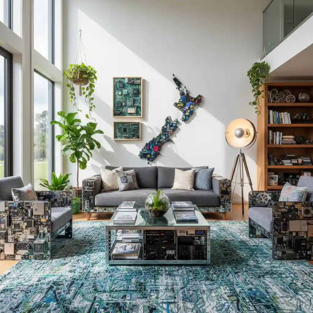 Sustainable home interior with beautiful creative upcycled e-waste decor