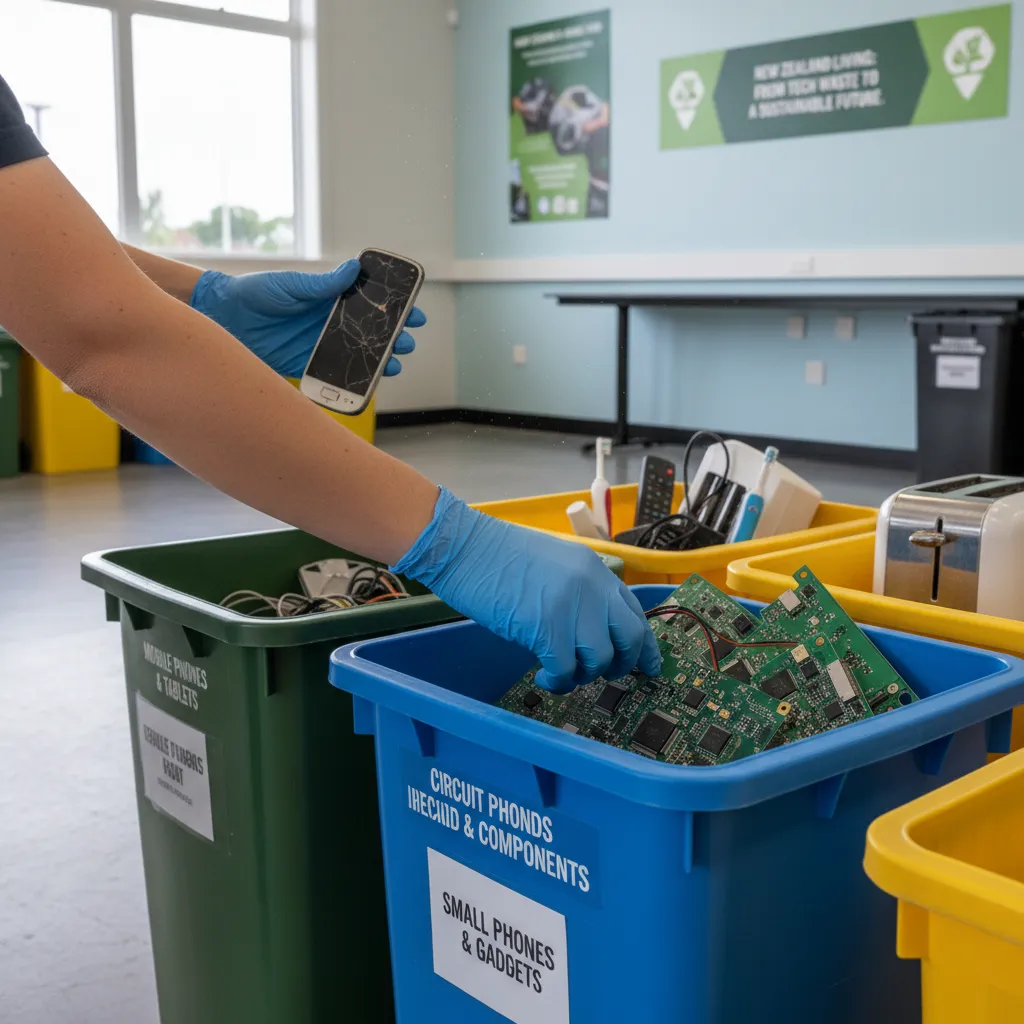 Hands sorting e-waste for recycling at a community drive