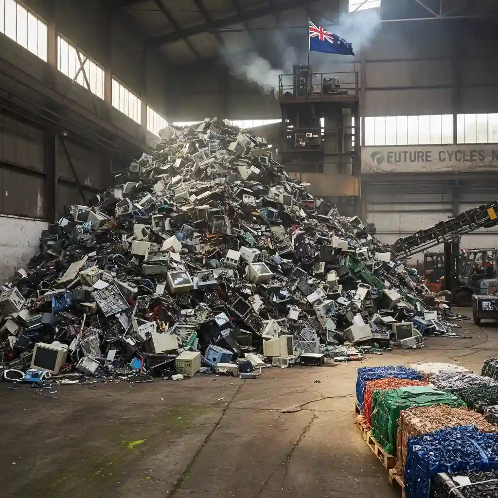 Pile of e-waste in New Zealand highlighting environmental impact