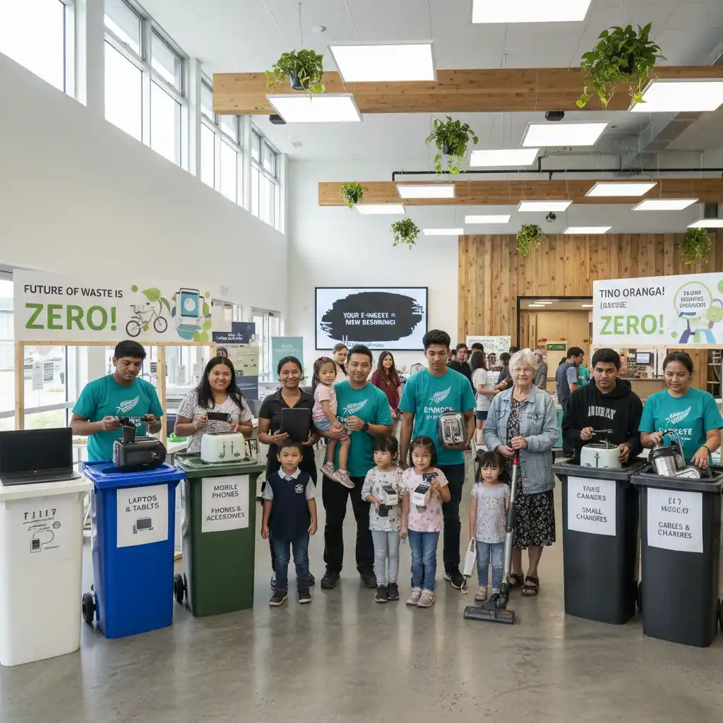 New Zealanders recycling electronics at a community collection point