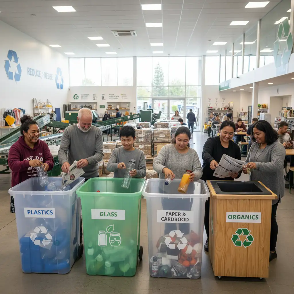 New Zealand community sorting waste at a resource recovery centre