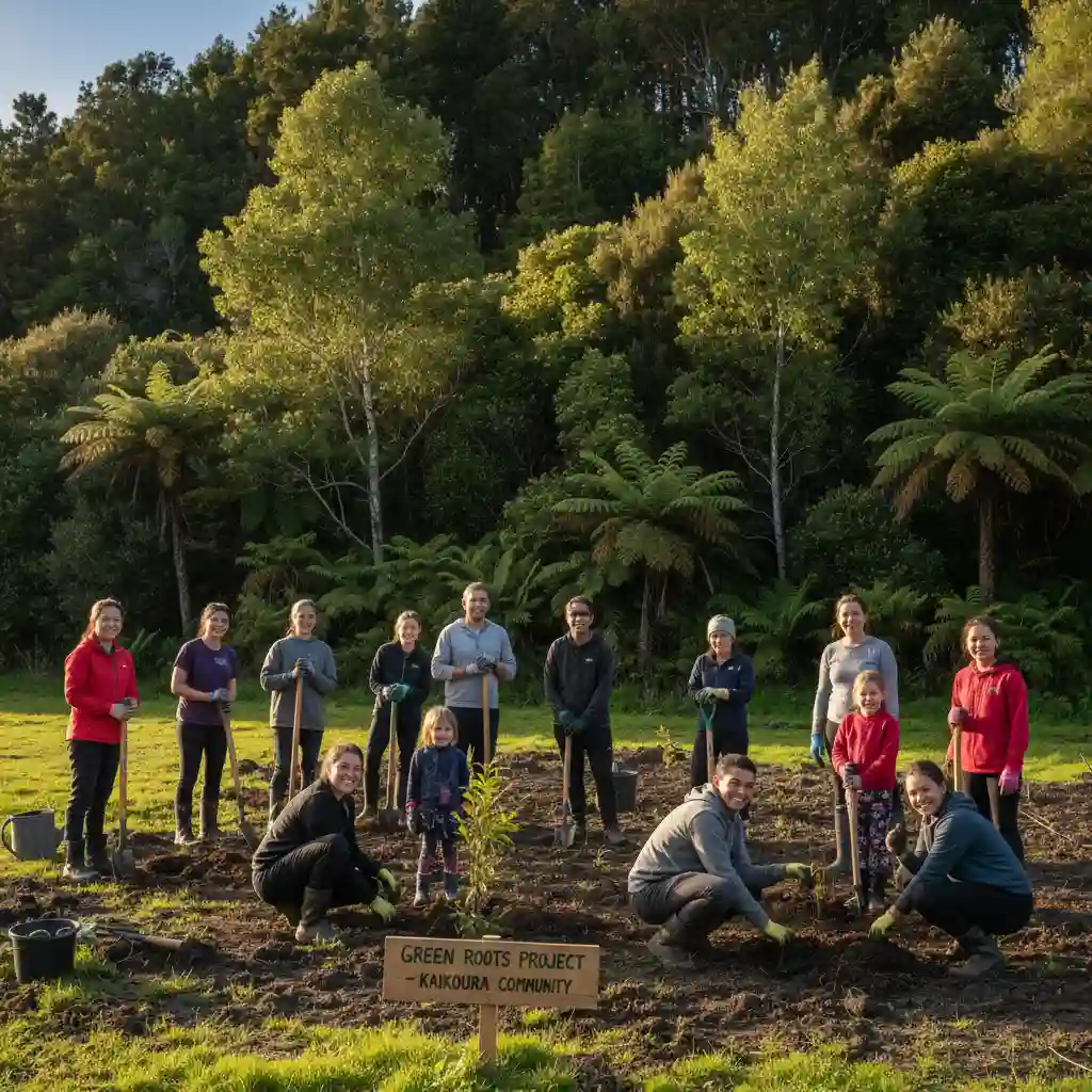 Community members planting trees in New Zealand