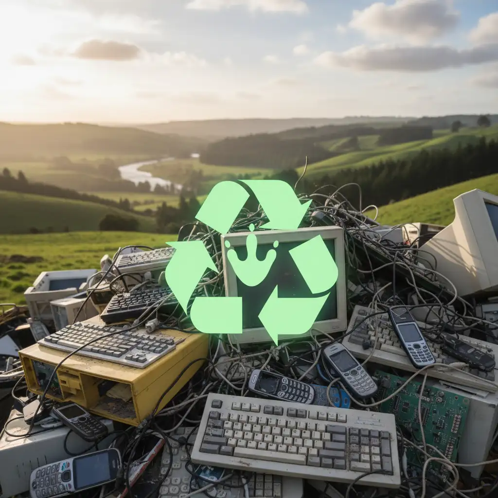 E-waste pile awaiting recycling in New Zealand, symbolizing sustainable solutions