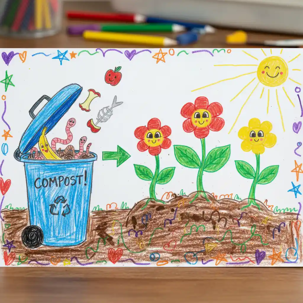 Children's drawing illustrating the composting cycle
