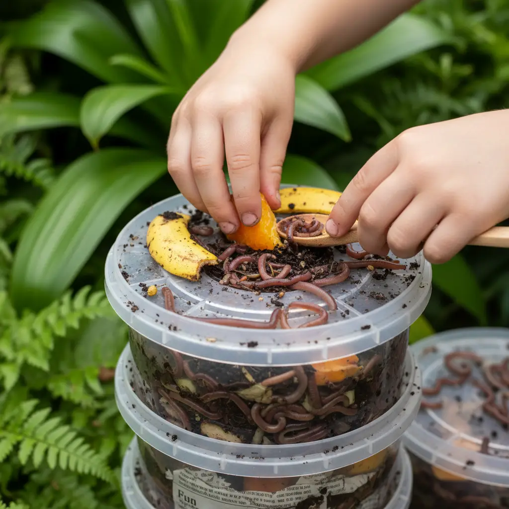 Child adding fruit peels to a home worm farm