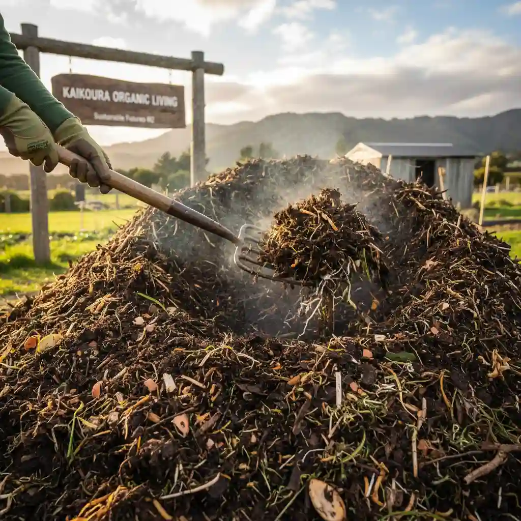 Gardener turning a rich, healthy compost pile