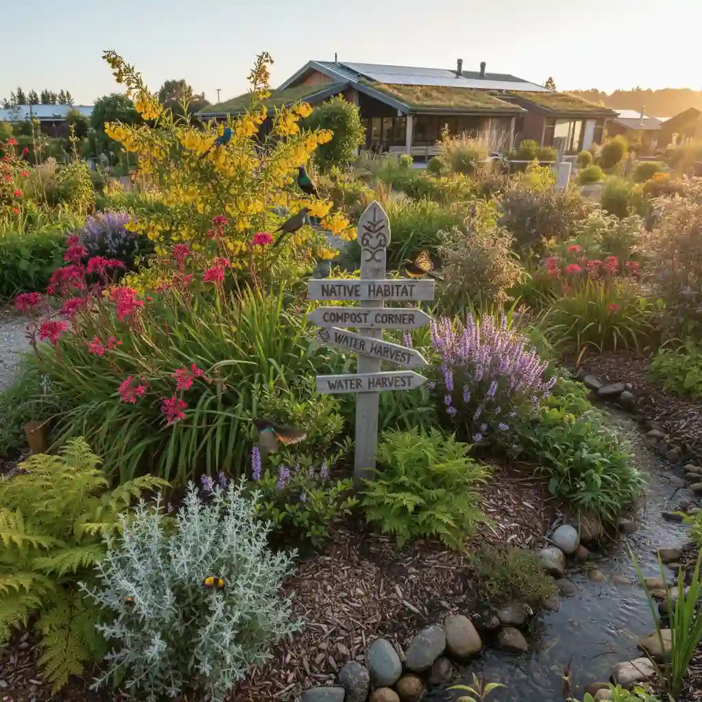 Biodiverse sustainable garden attracting native wildlife
