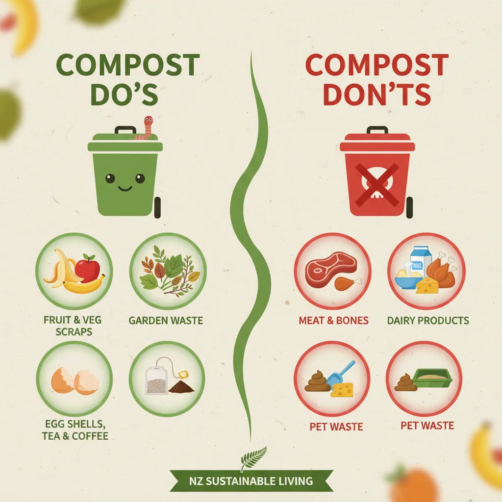 Visual guide to correct and incorrect composting materials, avoiding common mistakes