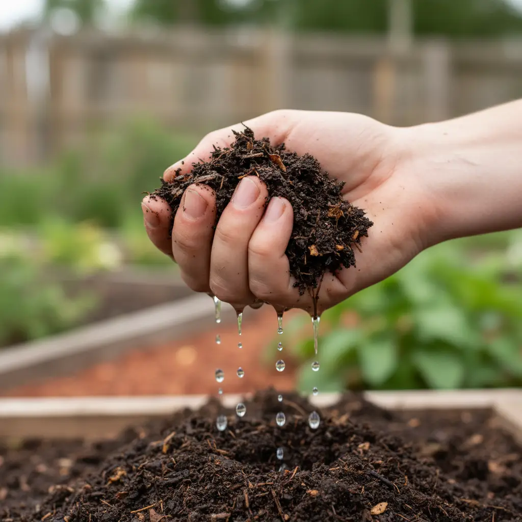 Testing compost moisture by squeezing for a perfect 'wrung-out sponge' feel