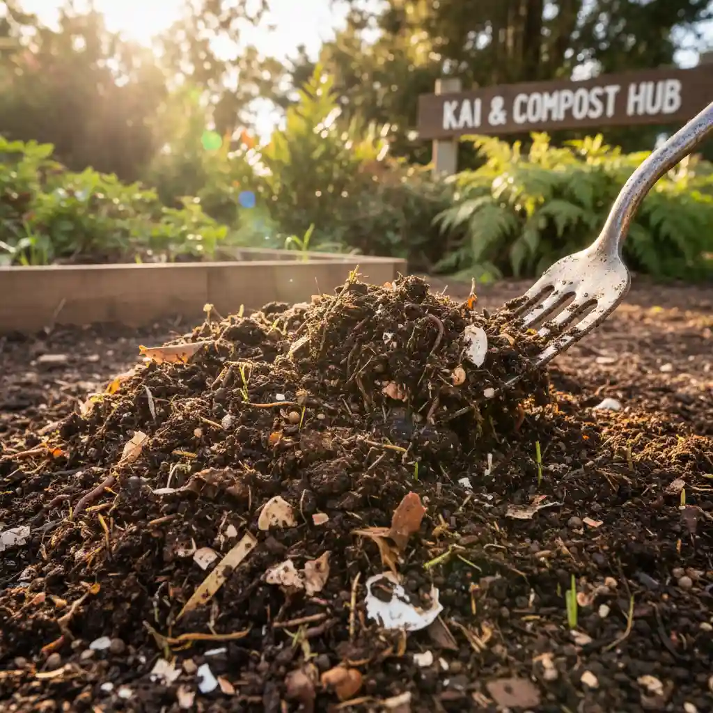 Rich, finished compost being turned for garden use