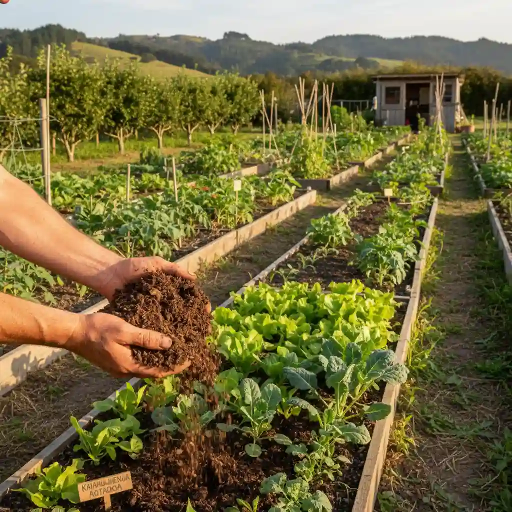 Finished compost being used in a thriving NZ vegetable garden