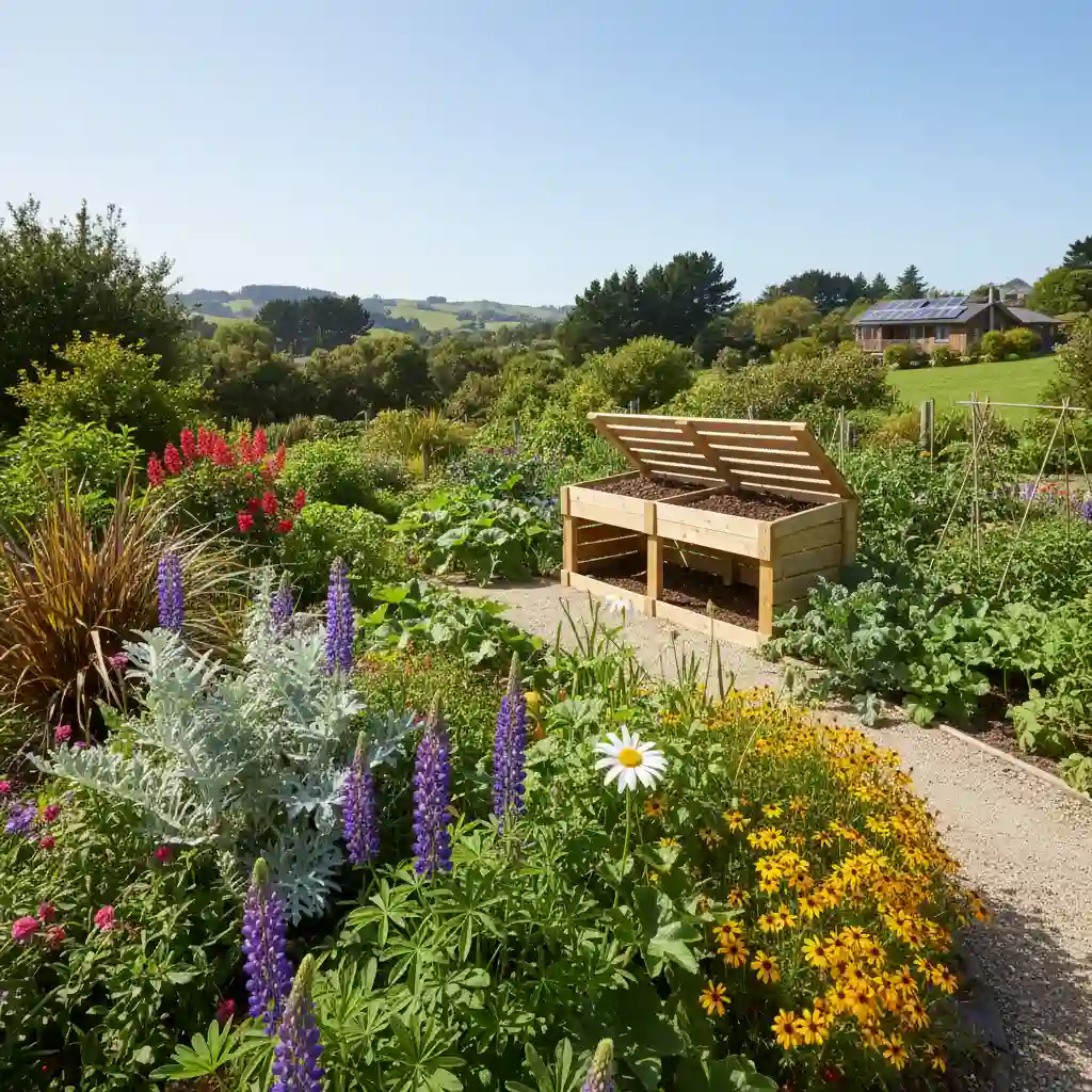 Lush NZ garden showcasing sustainable composting methods