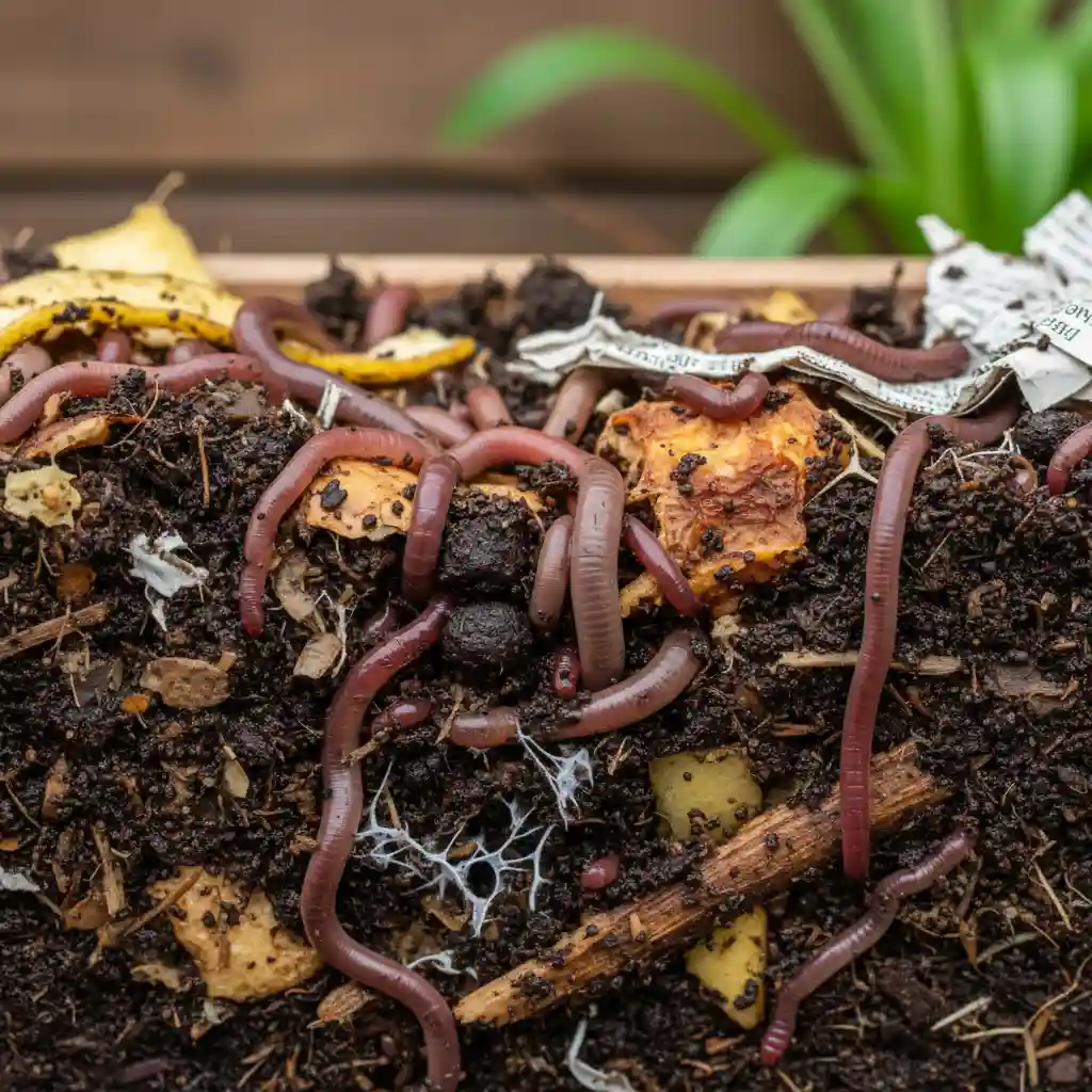 Healthy worm farm actively processing kitchen scraps