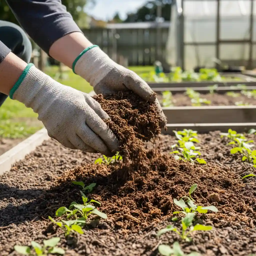 Adding finished compost to a thriving New Zealand garden