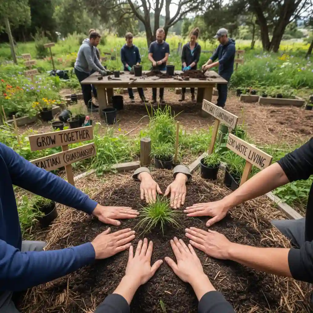 Hands of diverse volunteers planting a seedling, showing teamwork