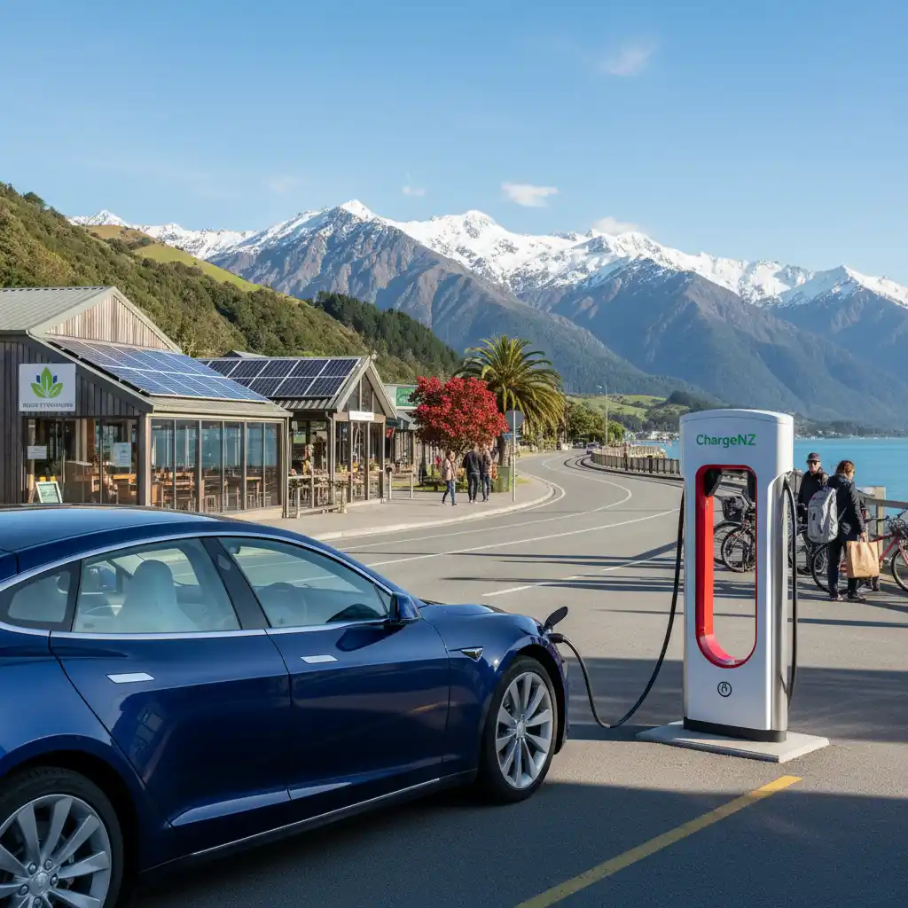 Electric vehicle charging at a public fast-charging station in scenic New Zealand