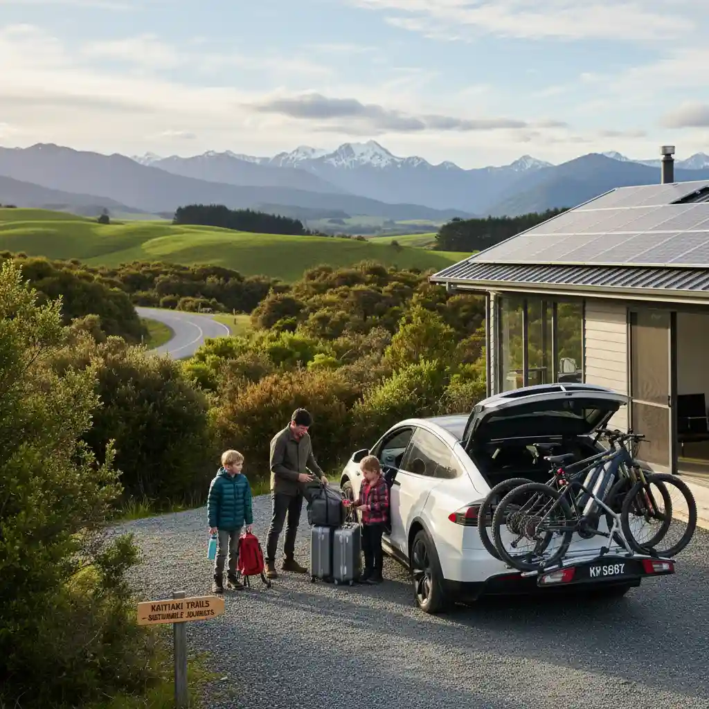 Family preparing for a sustainable road trip with electric car and e-bike in NZ