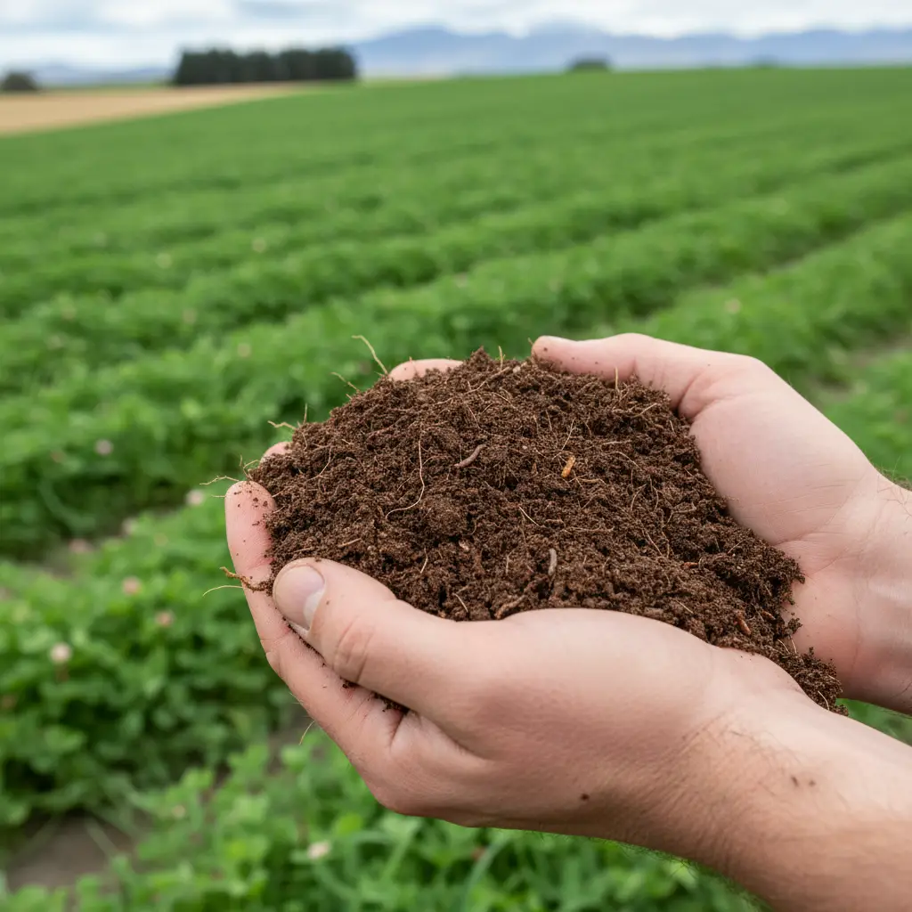 Farmer holding healthy regenerative soil in New Zealand