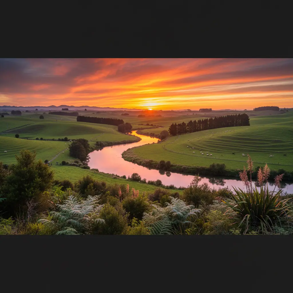 Sunset over a sustainable New Zealand farm, reflecting harmony with nature