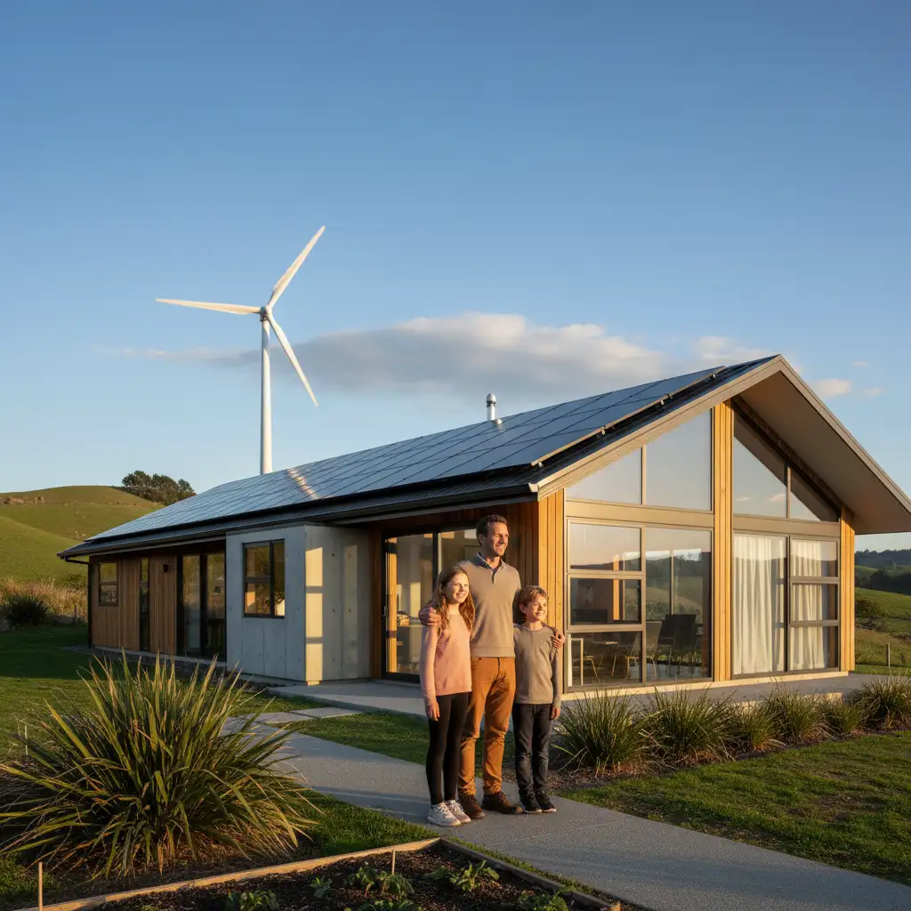 Happy family enjoying sustainable power from solar and wind at their New Zealand home