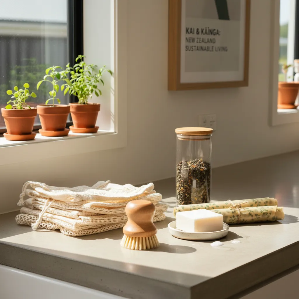 Minimalist eco-friendly kitchen with sustainable swaps like reusable bags and wooden brushes