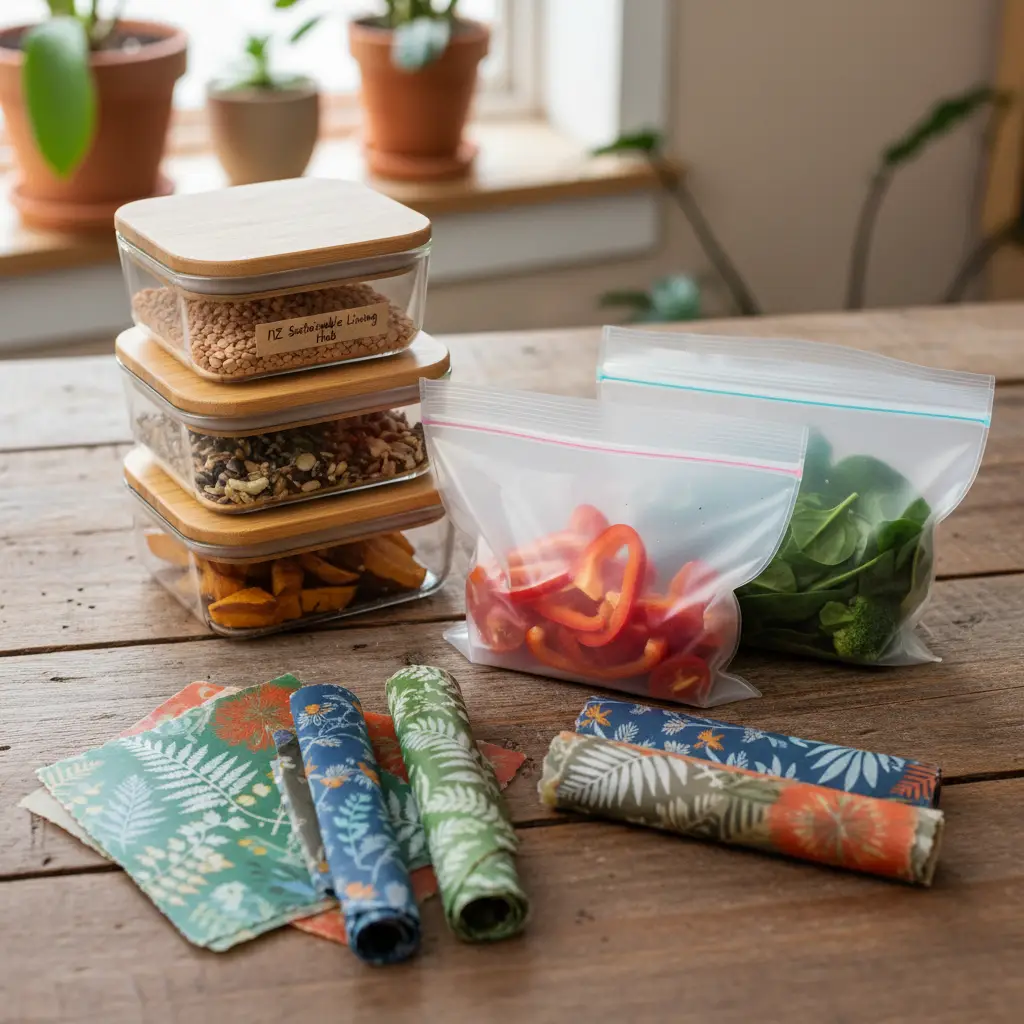 Variety of eco-friendly food storage options including beeswax wraps, silicone bags, and glass containers
