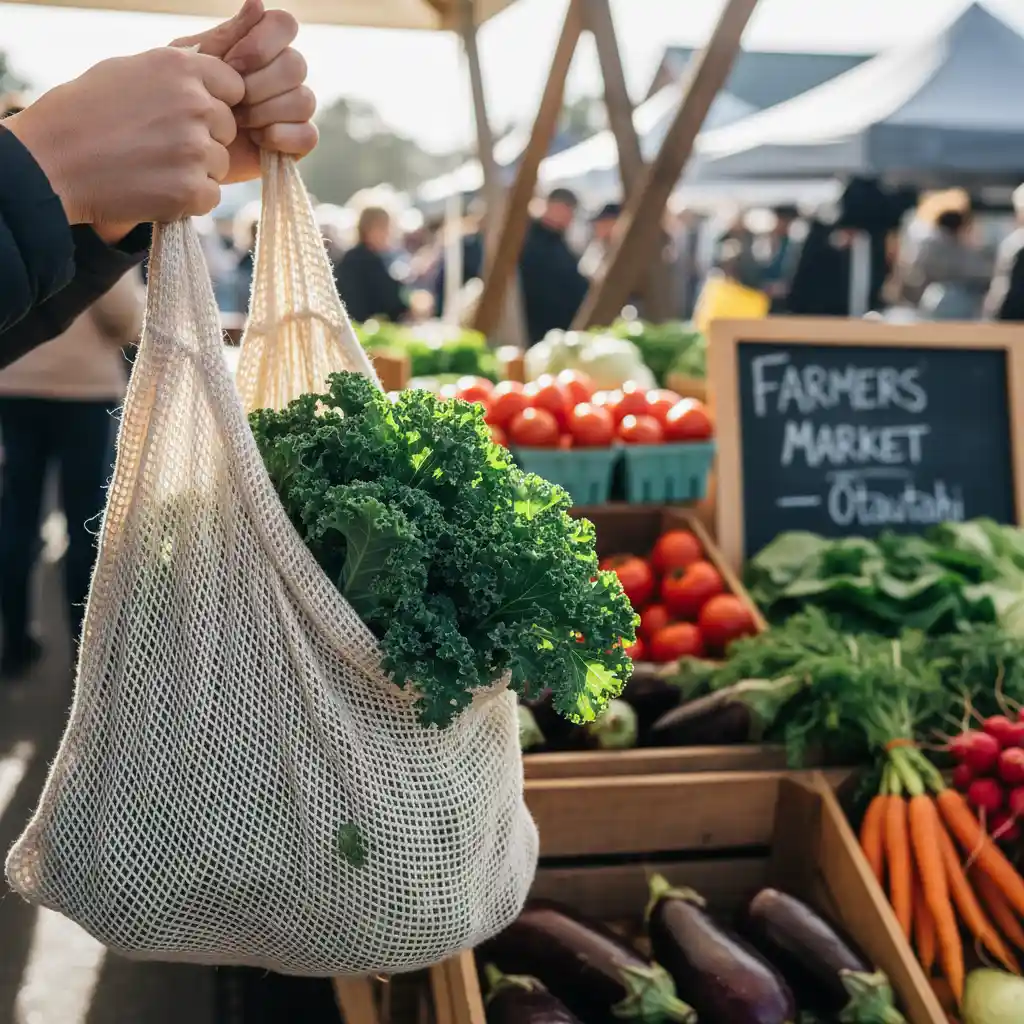 Hands holding reusable produce bag filled with fresh vegetables at a market