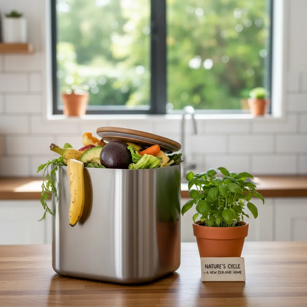 Kitchen compost bin with fruit and vegetable scraps