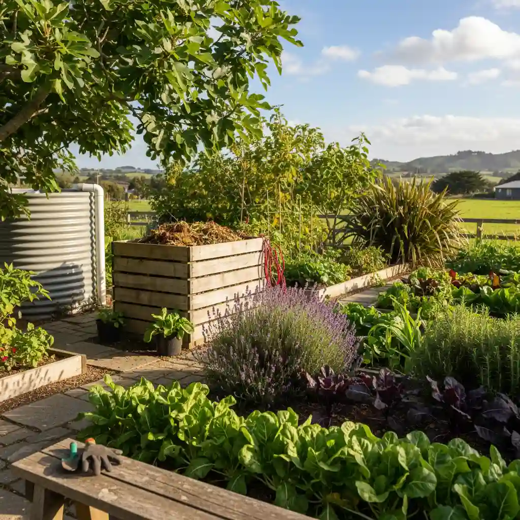 Sustainable home garden with organic vegetables and native plants in New Zealand