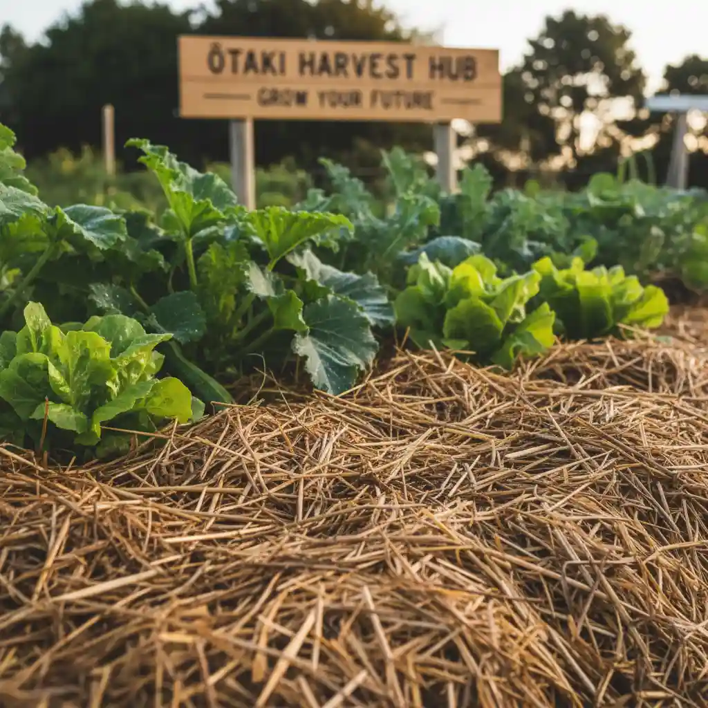 Garden bed with straw mulch for water conservation
