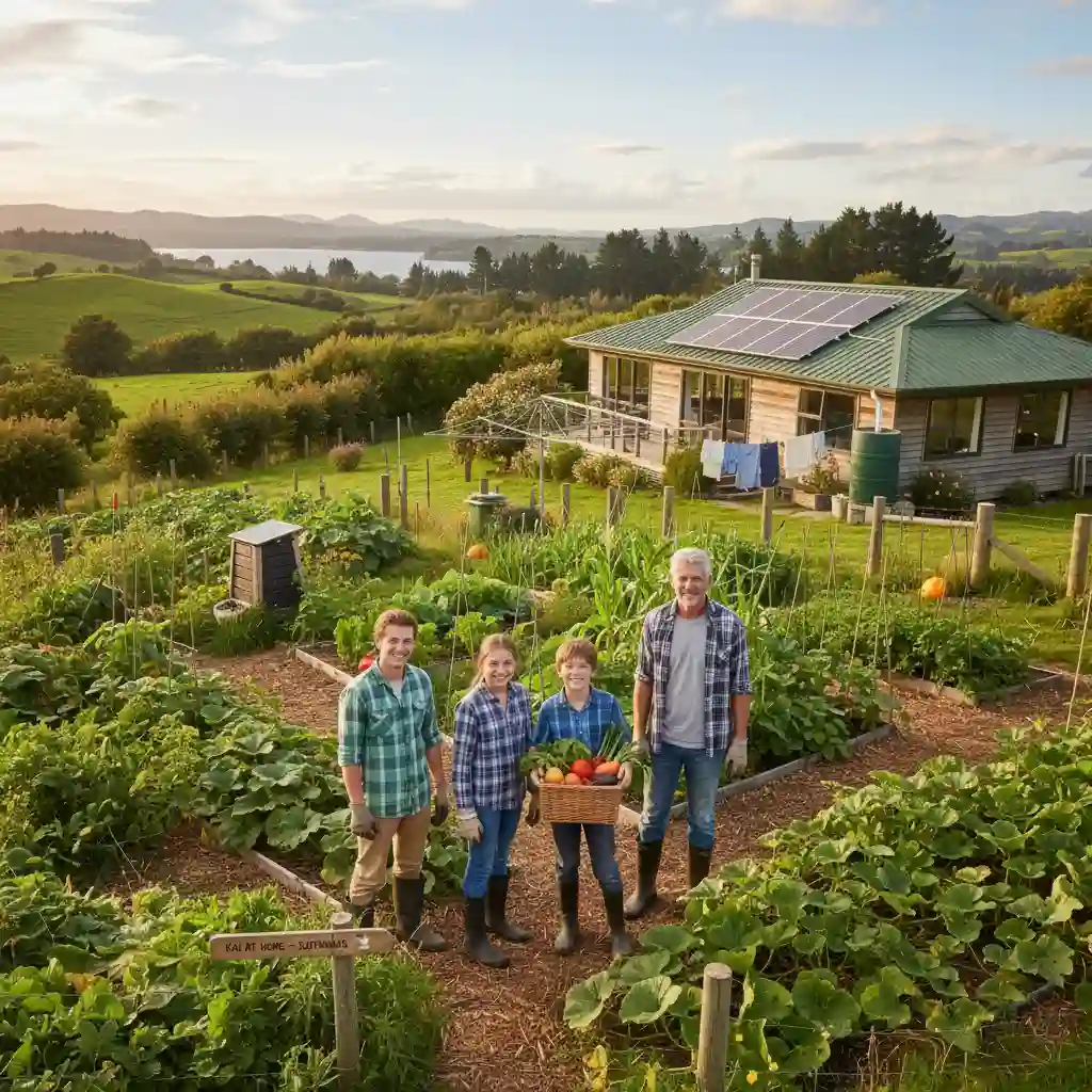 Family enjoying their flourishing sustainable home garden in New Zealand